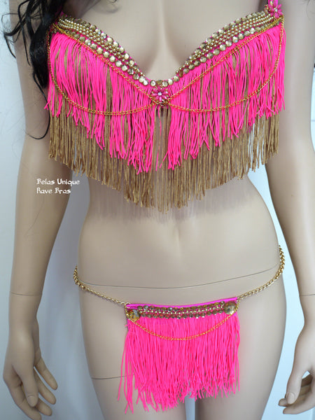 Hot Pink and Gold Fringe Chain Bra and Skirt