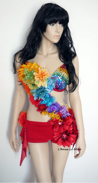 Rainbow Fairy Flower Bra and Shorts Monokini Dance Rave Halloween Costume