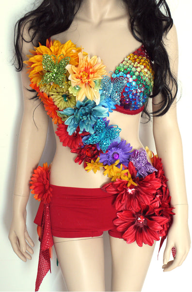 Rainbow Fairy Flower Bra and Shorts Monokini Dance Rave Halloween Costume