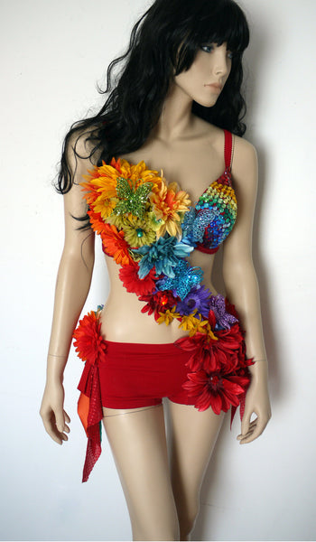 Rainbow Fairy Flower Bra and Shorts Monokini Dance Rave Halloween Costume