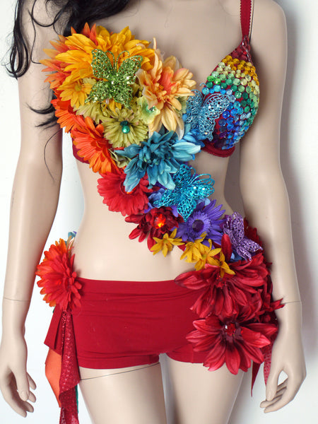 Rainbow Fairy Flower Bra and Shorts Monokini Dance Rave Halloween Costume