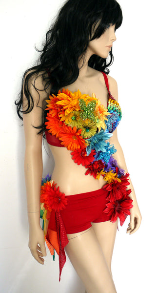 Rainbow Fairy Flower Bra and Shorts Monokini Dance Rave Halloween Costume