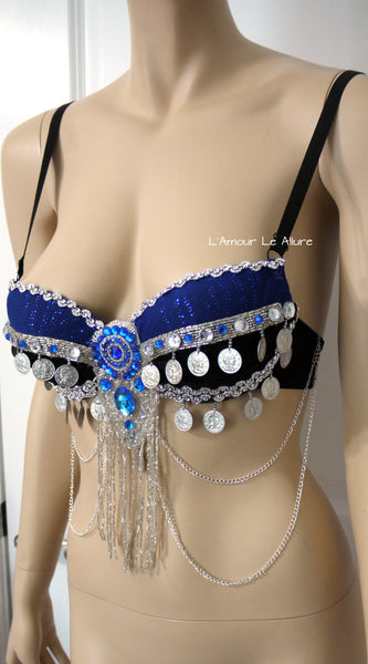 Blue and Silver Coin Beaded Bra