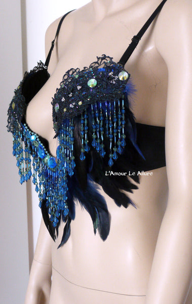 Ready to Ship 36B/C - Blue Beaded Feather Fringe Plunge Bra