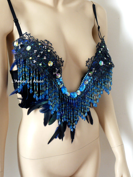 Ready to Ship 36B/C - Blue Beaded Feather Fringe Plunge Bra