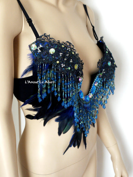 Ready to Ship 36B/C - Blue Beaded Peacock Feather Fringe Plunge Bra