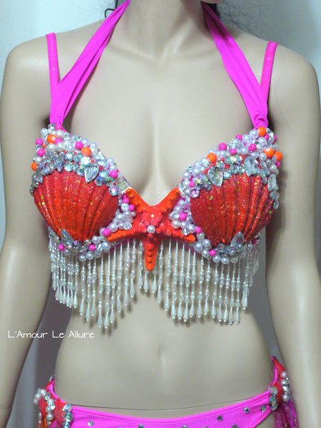 Neon Pink Orange Mermaid Shell Dance Costume Rave Bra Rave Wear Halloween Burlesque Show Girl