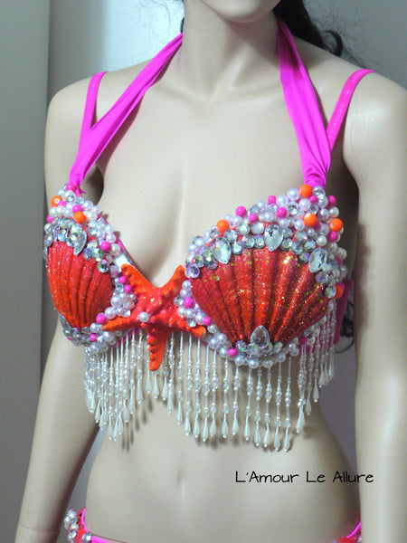 Neon Pink Orange Mermaid Shell Dance Costume Rave Bra Rave Wear Halloween Burlesque Show Girl