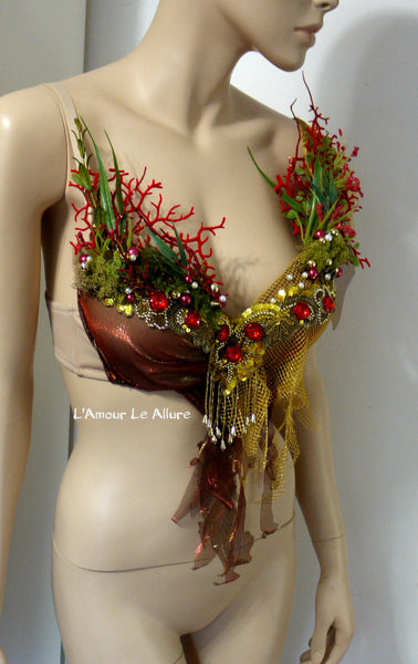 Red Gold Siren Mermaid Shell Bra Halloween Dance Costume