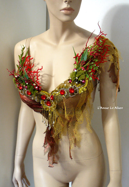 Red Gold Siren Mermaid Shell Bra Halloween Dance Costume