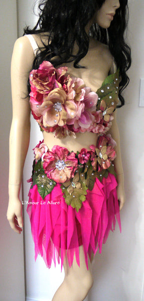 Spring Fairy Floral Bra with High Waisted Skirt - Hot Pink