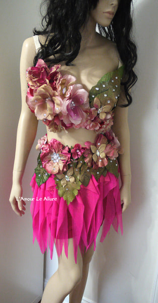 Spring Fairy Floral Bra with High Waisted Skirt - Hot Pink