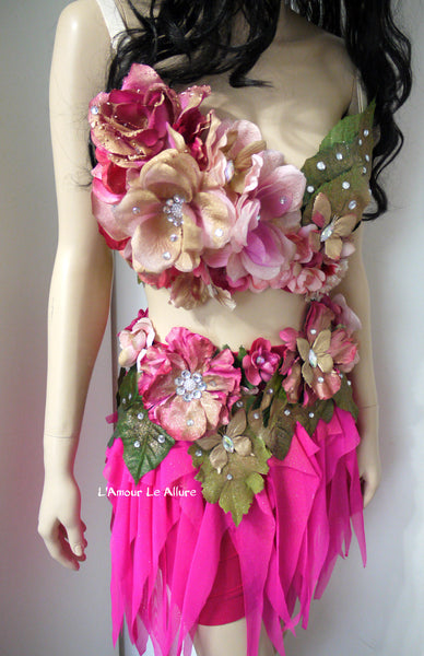 Spring Fairy Floral Bra with High Waisted Skirt - Hot Pink