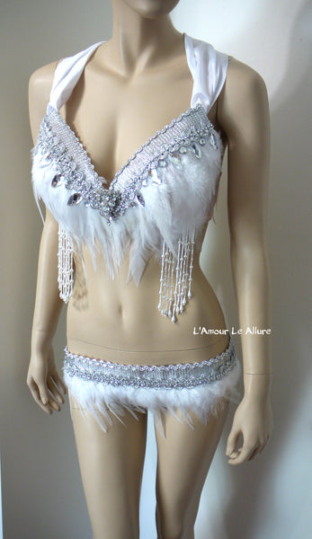 Diamond White and Silver Feather Fringe Bra Dance Costume Rave Halloween