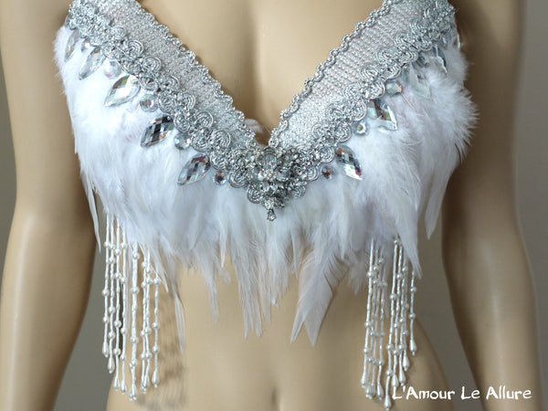 Diamond White and Silver Feather Fringe Bra Dance Costume Rave Halloween