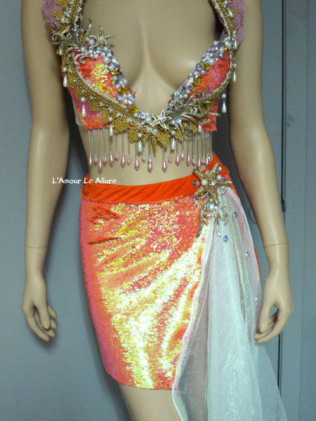 Iridescent Orange Sequins Scale Mermaid Plunge Bra and Skirt