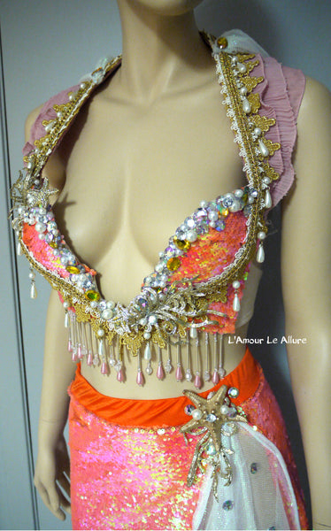 Iridescent Orange Sequins Scale Mermaid Plunge Bra and Skirt