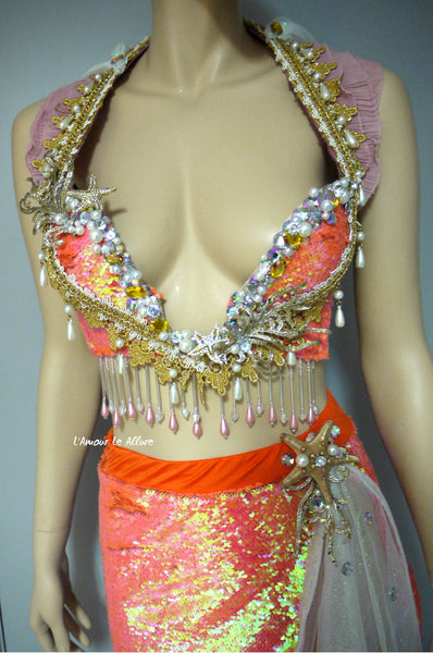 Iridescent Orange Sequins Scale Mermaid Plunge Bra and Skirt