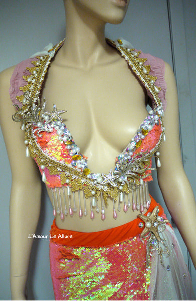 Iridescent Orange Sequins Scale Mermaid Plunge Bra and Skirt