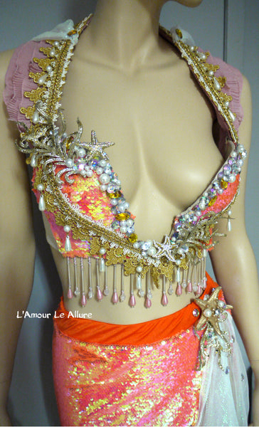 Iridescent Orange Sequins Scale Mermaid Plunge Bra and Skirt