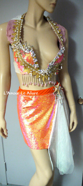 Iridescent Orange Sequins Scale Mermaid Plunge Bra and Skirt