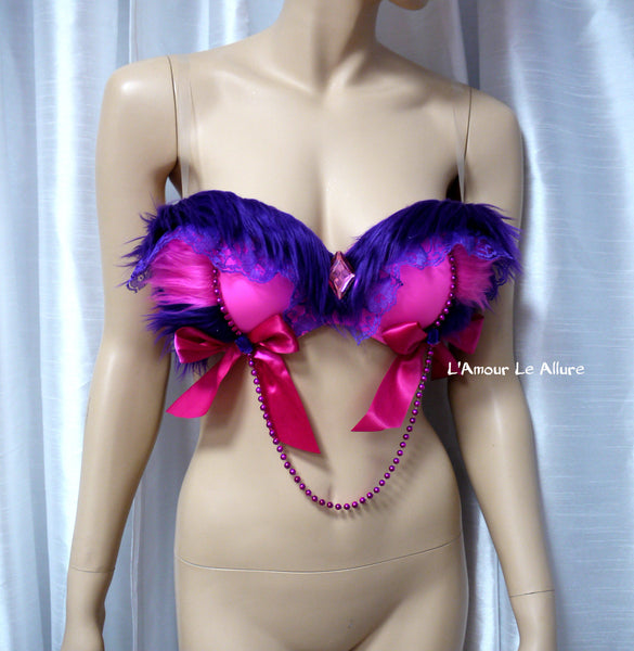 Alice In Wonderland Cheshire Cat Fur Dance Rave Bra with Bows