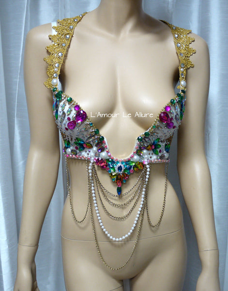 Rainbow Rhinestone Plunge Bra with Chains and Beading