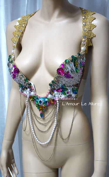 Rainbow Rhinestone Plunge Bra with Chains and Beading