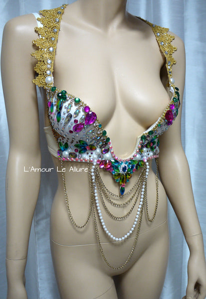 Rainbow Rhinestone Plunge Bra with Chains and Beading