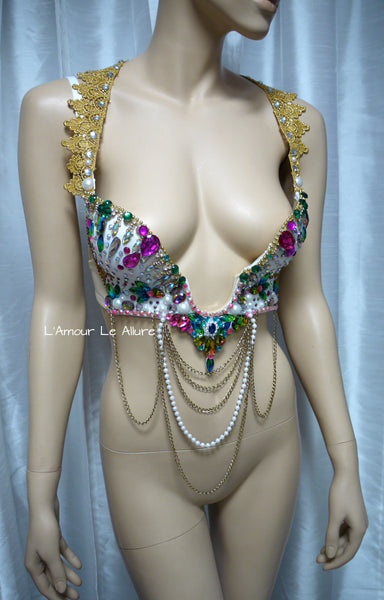 Rainbow Rhinestone Plunge Bra with Chains and Beading