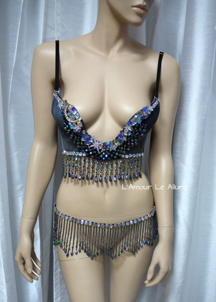 Galaxy Moon Plunge Bra and Beaded Fringe Belt Skirt