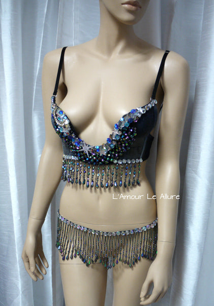 Galaxy Moon Plunge Bra and Beaded Fringe Belt Skirt