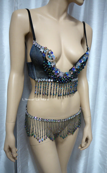 Galaxy Moon Plunge Bra and Beaded Fringe Belt Skirt