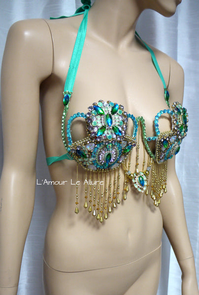 Jasmine Inspired Turquoise Rhinestone Metal Samba Carnival Bra Top