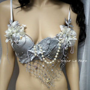 Dripping in Silver Mermaid Bra Dance Costume Rave Bra Halloween