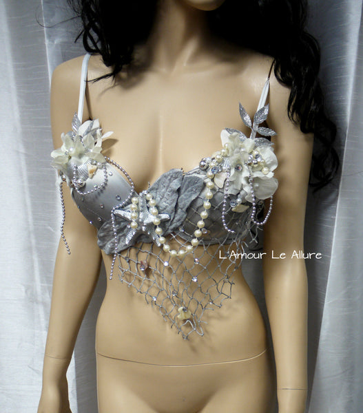 Dripping in Silver Mermaid Bra Dance Costume Rave Bra Halloween