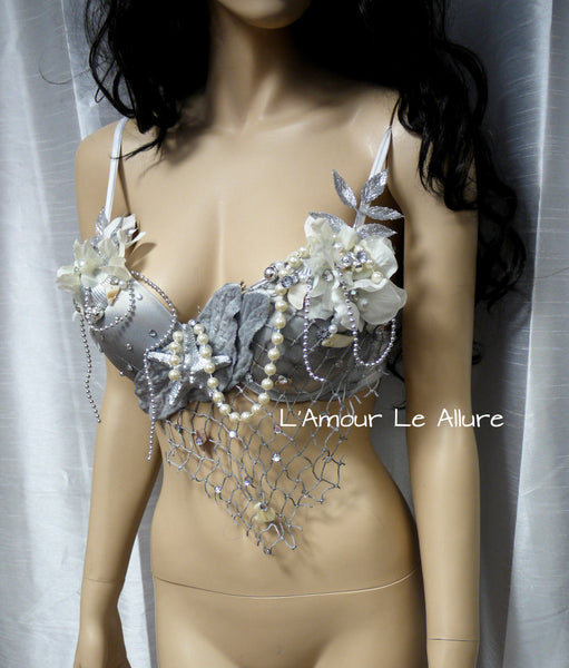 Dripping in Silver Mermaid Bra Dance Costume Rave Bra Halloween