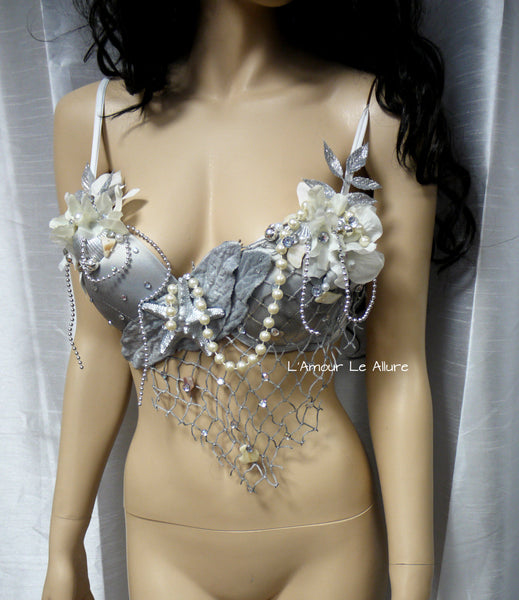 Dripping in Silver Mermaid Bra Dance Costume Rave Bra Halloween