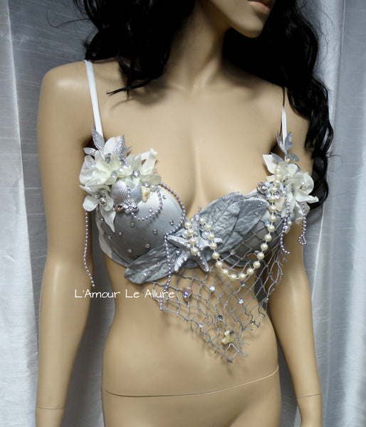 Dripping in Silver Mermaid Bra Dance Costume Rave Bra Halloween