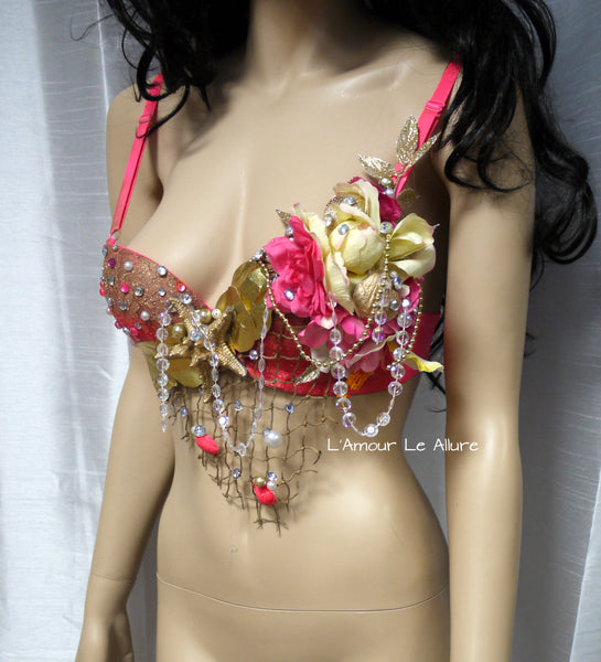 Dripping in Gold Hot Pink Mermaid Shell Bra Dance Costume Rave Halloween