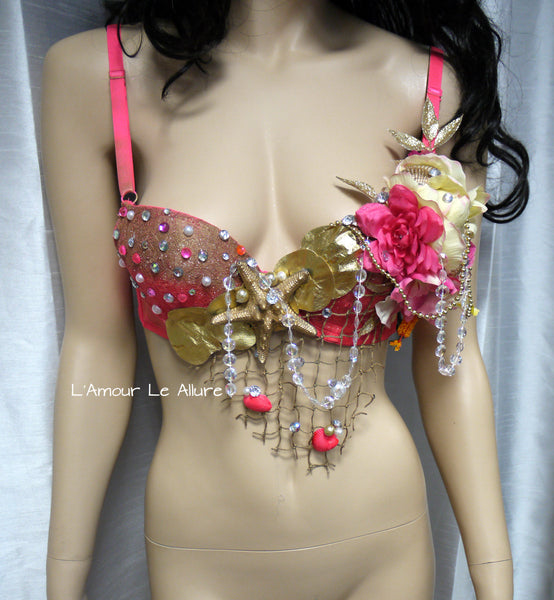 Dripping in Gold Hot Pink Mermaid Shell Bra Dance Costume Rave Halloween