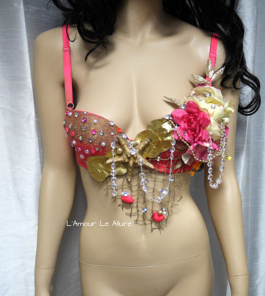 Dripping in Gold Hot Pink Mermaid Shell Bra Dance Costume Rave Halloween