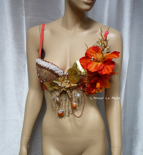 Dripping in Gold Orange Mermaid Shell Bra