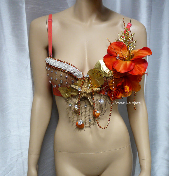 Dripping in Gold Orange Mermaid Shell Bra