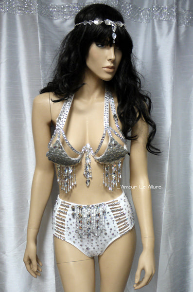 White and Silver LED Diamond Samba Carnival Top and High Waisted Bottom