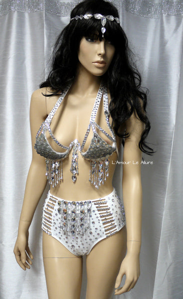 White and Silver LED Diamond Samba Carnival Top and High Waisted Bottom