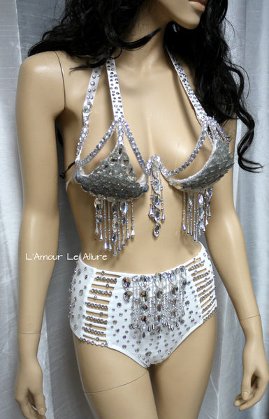 White and Silver LED Diamond Samba Carnival Top and High Waisted Bottom