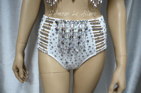 White and Silver LED Diamond Samba Carnival Top and High Waisted Bottom