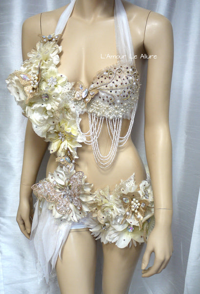 Gold and White Goddess Fairy Monokini Dance Costume Rave Bra Halloween