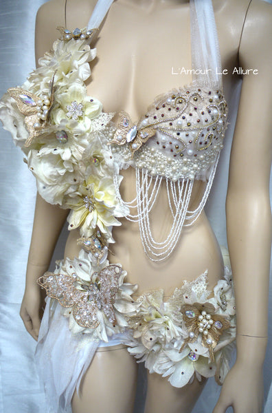 Gold and White Goddess Fairy Monokini Dance Costume Rave Bra Halloween